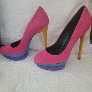 Brian Atwood Fontanne Pink Suede Platform Pumps w Multicolor Accents, Size 8